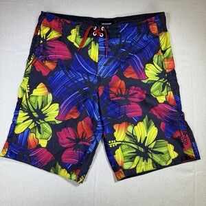 Joe Boxer Floral Swim Shorts Neon Hawaii Bathing Suit Men's XL Y2K Retro Surf